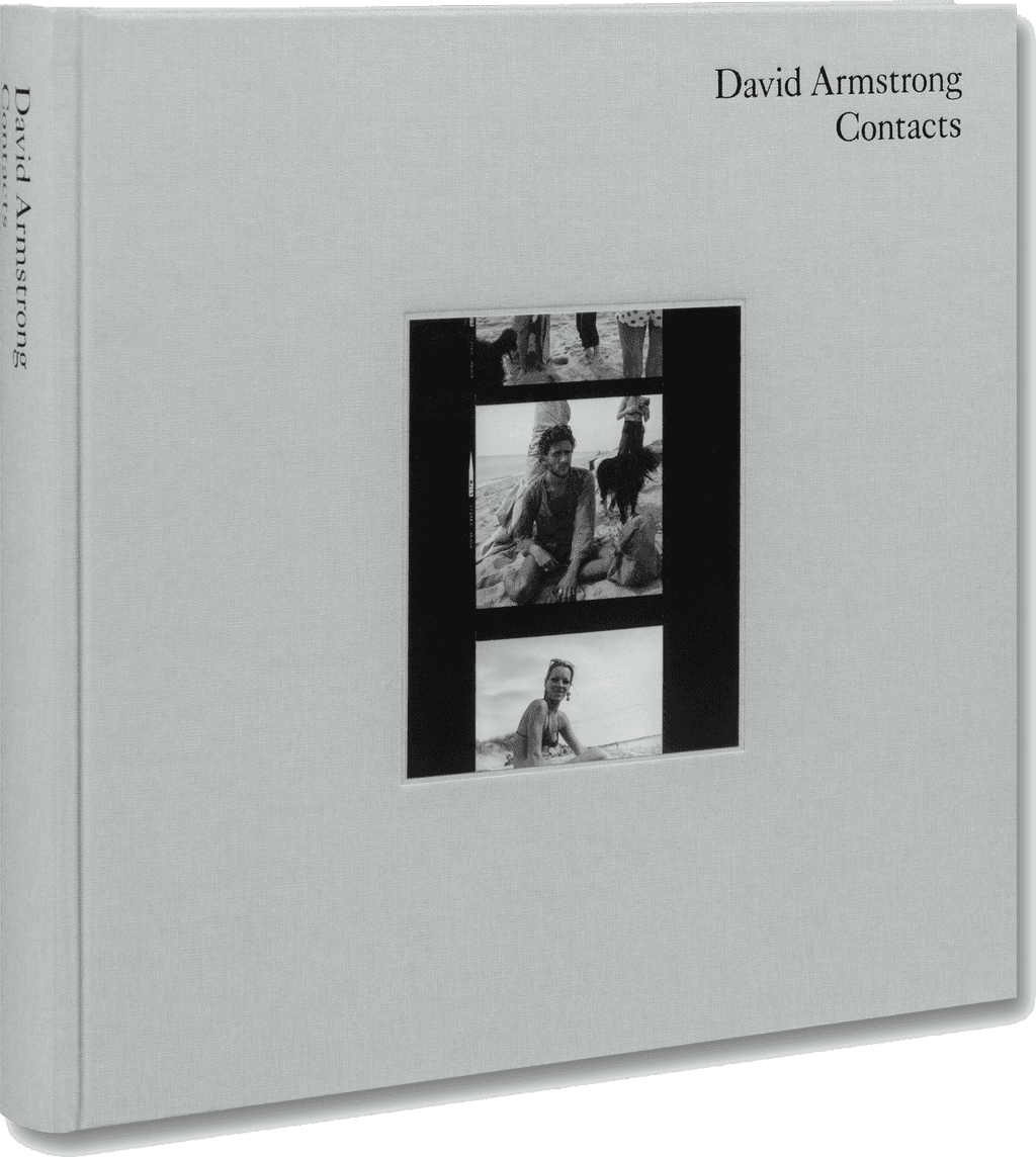 Cover of David Armstrong Contacts, published by MACK, 2025. Linen-bound square hardcover with tipped-in photograph.